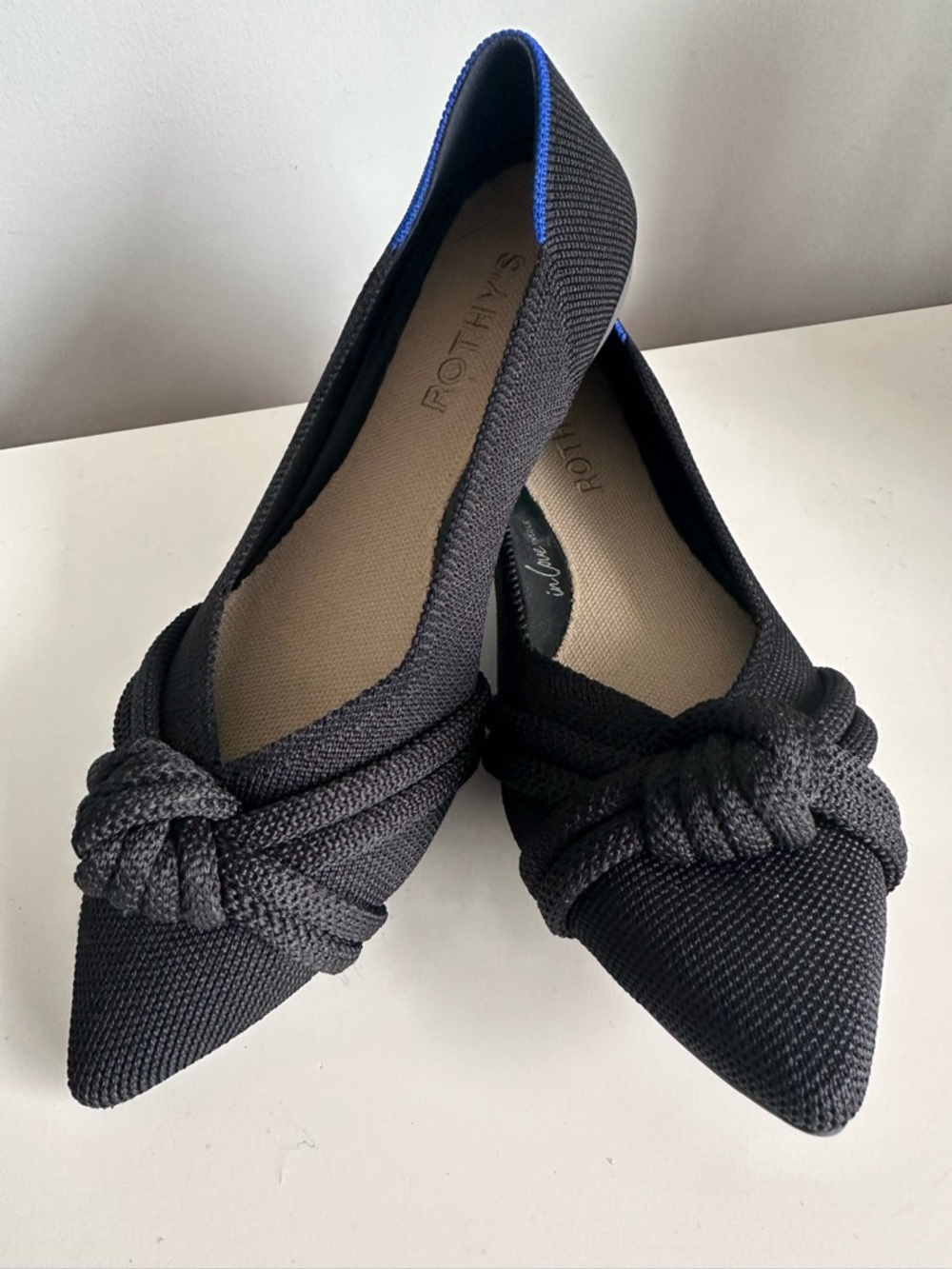Rothy’s The Knot Point II Ballerina Flats Black Knit Pointed Toe Shoes Size 7